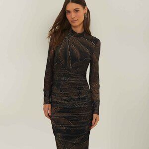 NWT Farm Rio black golden foliage tulle midi dress